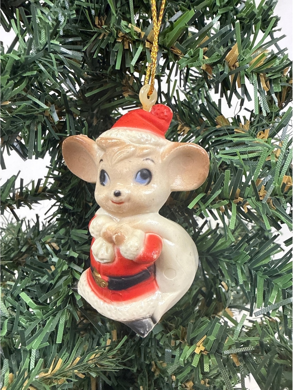 Vintage resin Christmas Mouse Ornament with Santa Hat